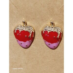 Red Pink Enamel Strawberry Chocolate Dipped Stud Earrings Gold Tone Whimsical